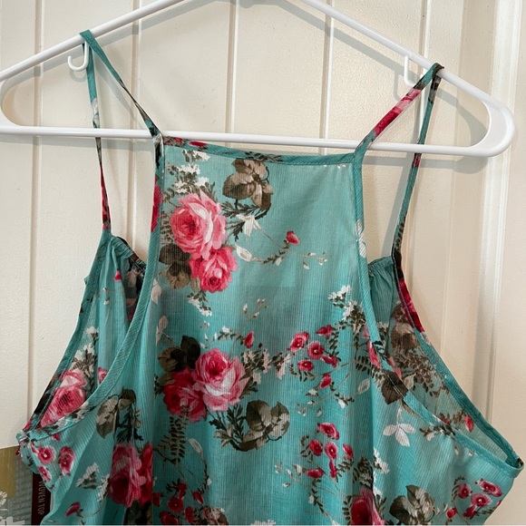 Mossimo Teal Turquoise Blue Pink Floral Tiered Ruffle Spaghetti Strap Tank NWT - Picture 7 of 8